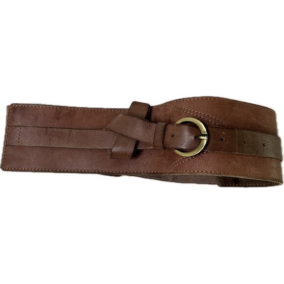 Elastic Waist Belt with Leather Front and Brass Buckle Vintage S Brown - Picture 1 of 5